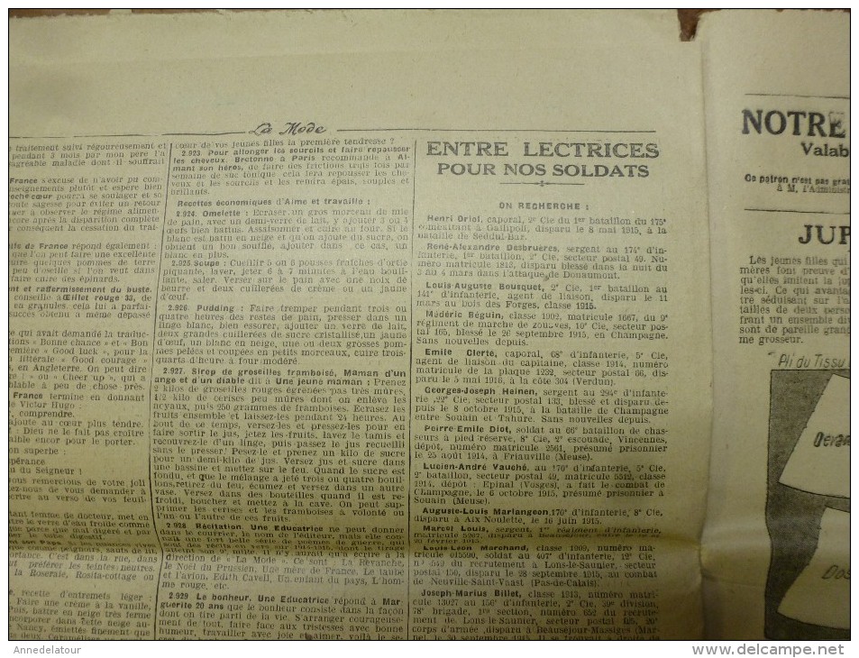 1916  LA MODE  ; courrier ;Cuisine  de guerre  ; Confidence pour les historiens de l'avenir ; Nos soldats; etc