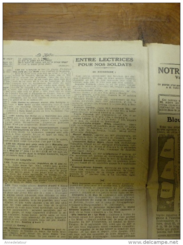 1916  LA MODE ;Cuisine  de guerre  ; Confidence pour des lettres anonymes calomnieuses reçues par mon mari au front