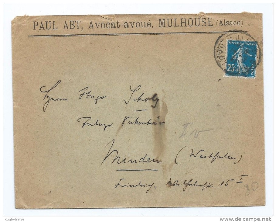 1585 - Lettre Paul ABT Avocat Avoué à Mulhouse - Semeuse 25c - Pour Minden Scholz - 1921-1960: Modern Period