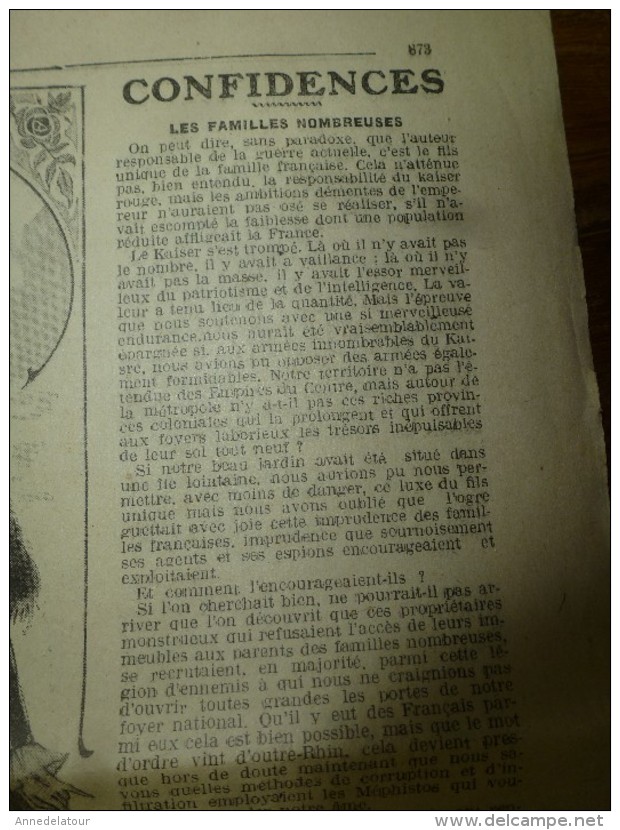 1916  LA MODE ;Cuisine  De Guerre  ; Confidences De Femmes;Les Colonies Pour Le Garçon Casse-cou Peuvent Tenter; Etc - Patrones