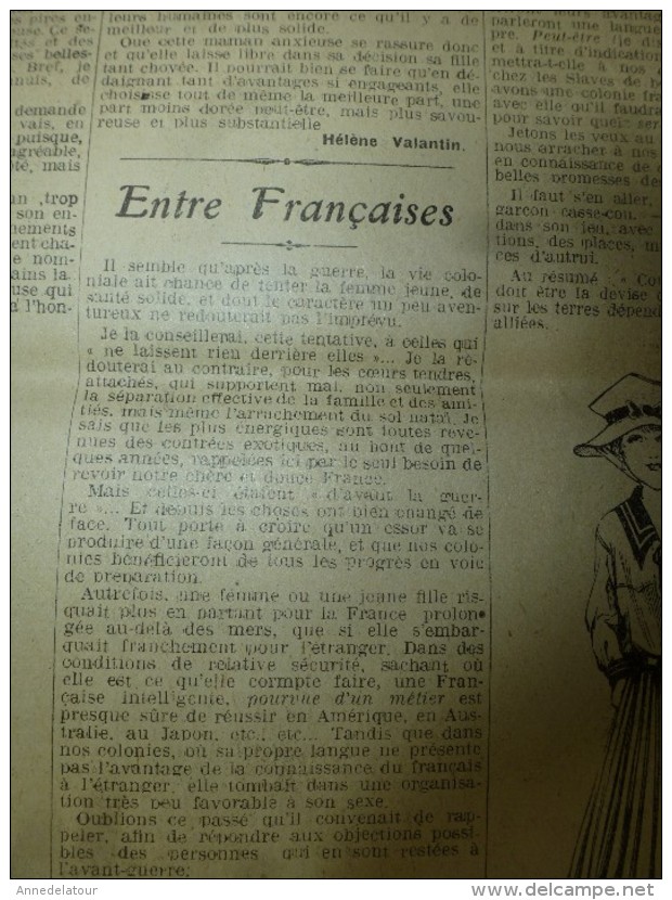 1916  LA MODE ;Cuisine  de guerre  ; Confidences de femmes;Les colonies pour le garçon casse-cou peuvent tenter; etc