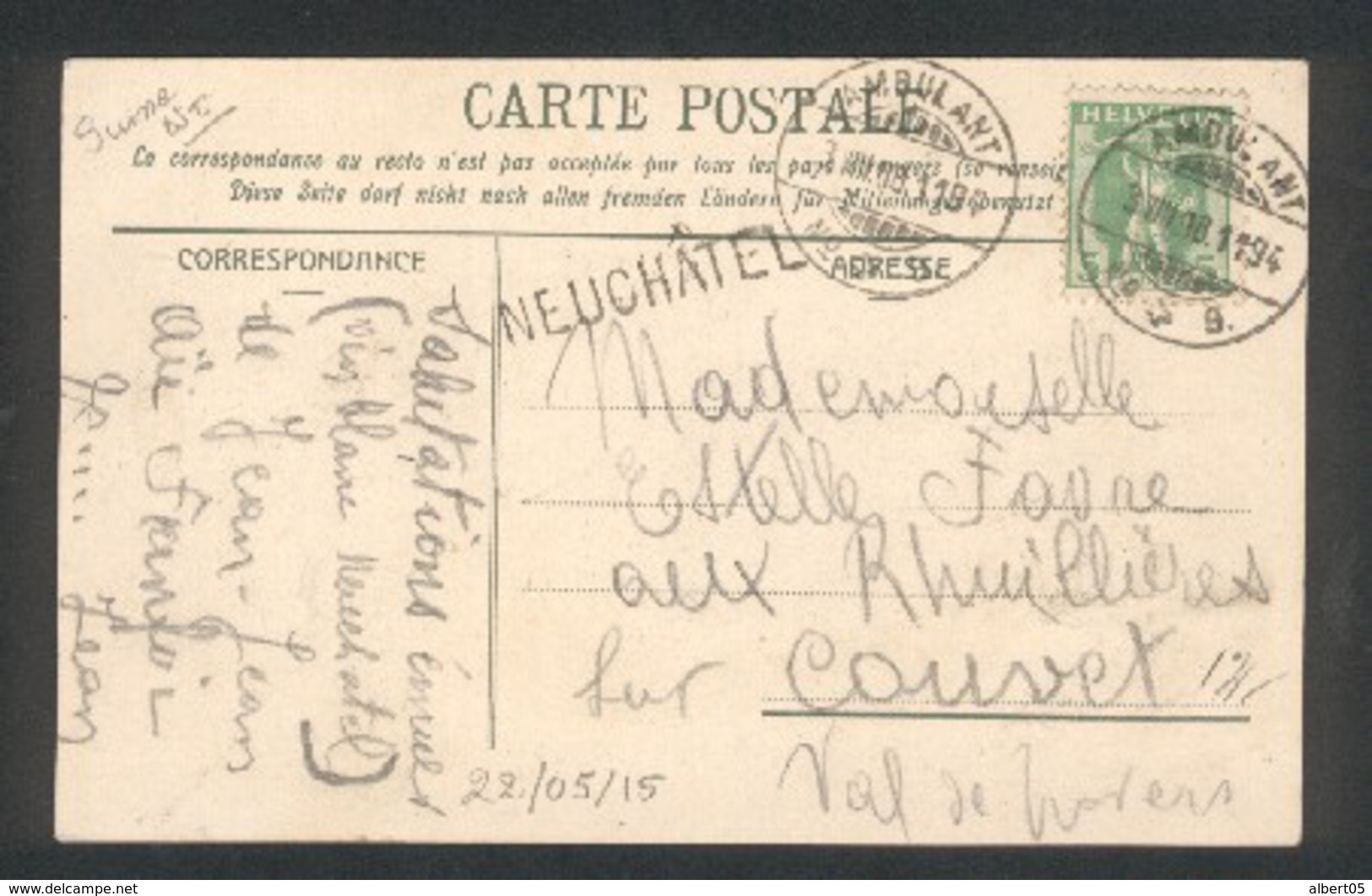 Neuchatel - Cachet Linéaire De Gare Et Ambulant N° 9  - 3 Août 1908 - CPA Neuchatel - Chemins De Fer