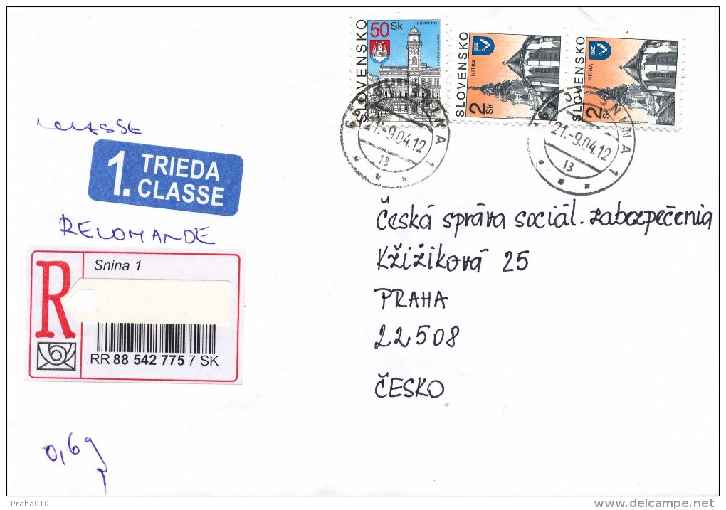 L1225 - Slovakia (2004) 069 01 Snina 1 (R-letter) Tariff: 54,00 SKK (stamp: City Komarno, City Nitra) - Brieven En Documenten