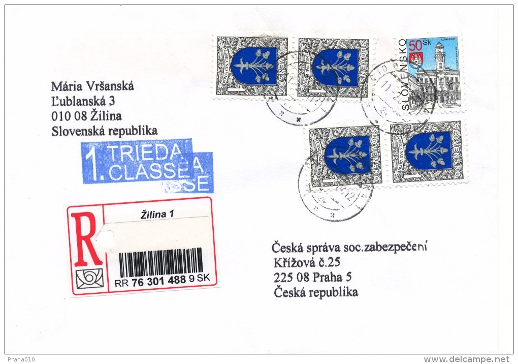 L1233 - Slovakia (2004) 010 01 Zilina 1 (R-letter) Tariff: 54,00 SKK (stamp: City Komarno, 4x Dubnica Nad Vahom) - Covers & Documents