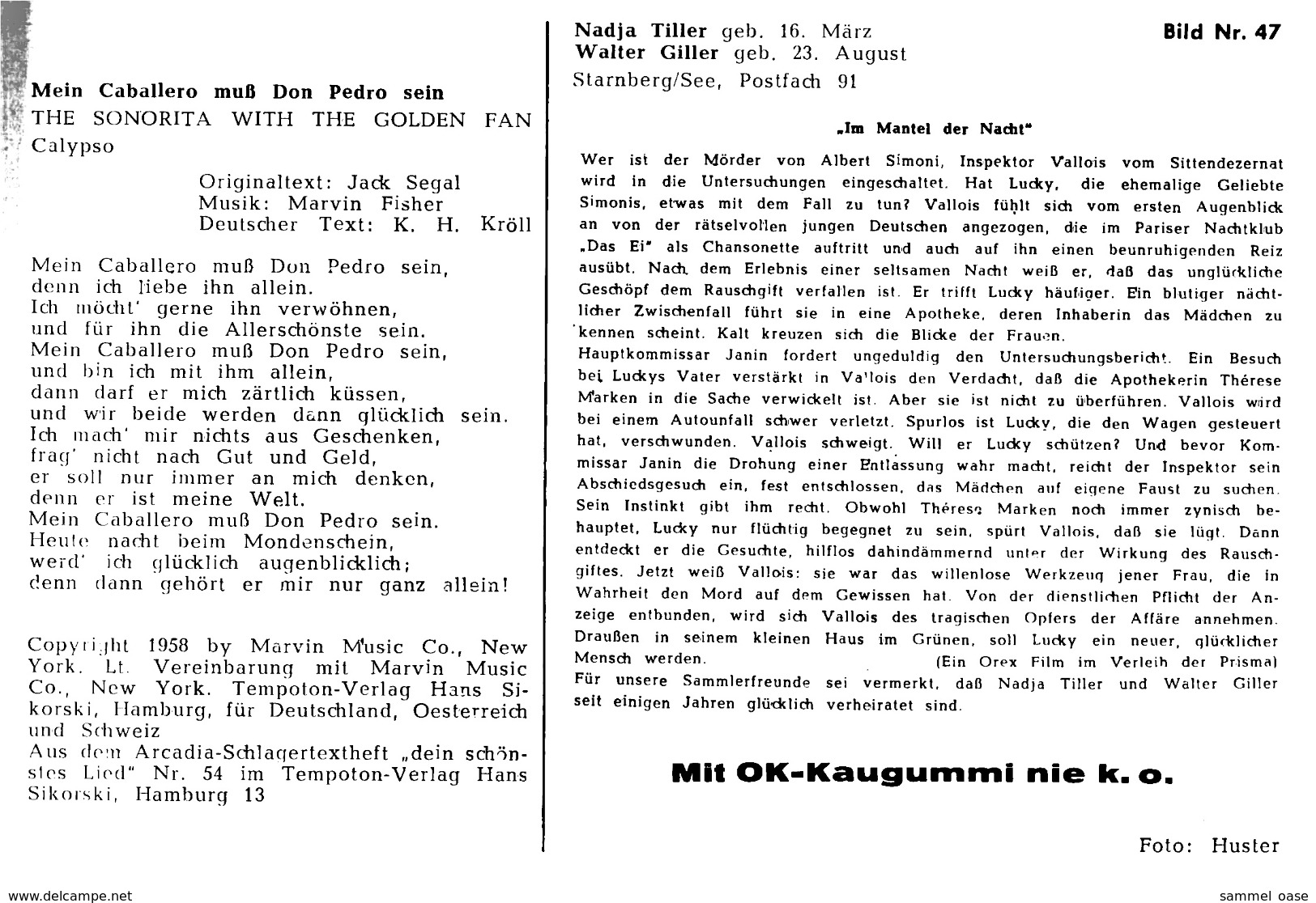 Ca. 1958  -  Sammelbild OK-Kaugummi  -  Nadja Tiller / Walter Giller  -  Bild Nr. 47 - Sonstige & Ohne Zuordnung