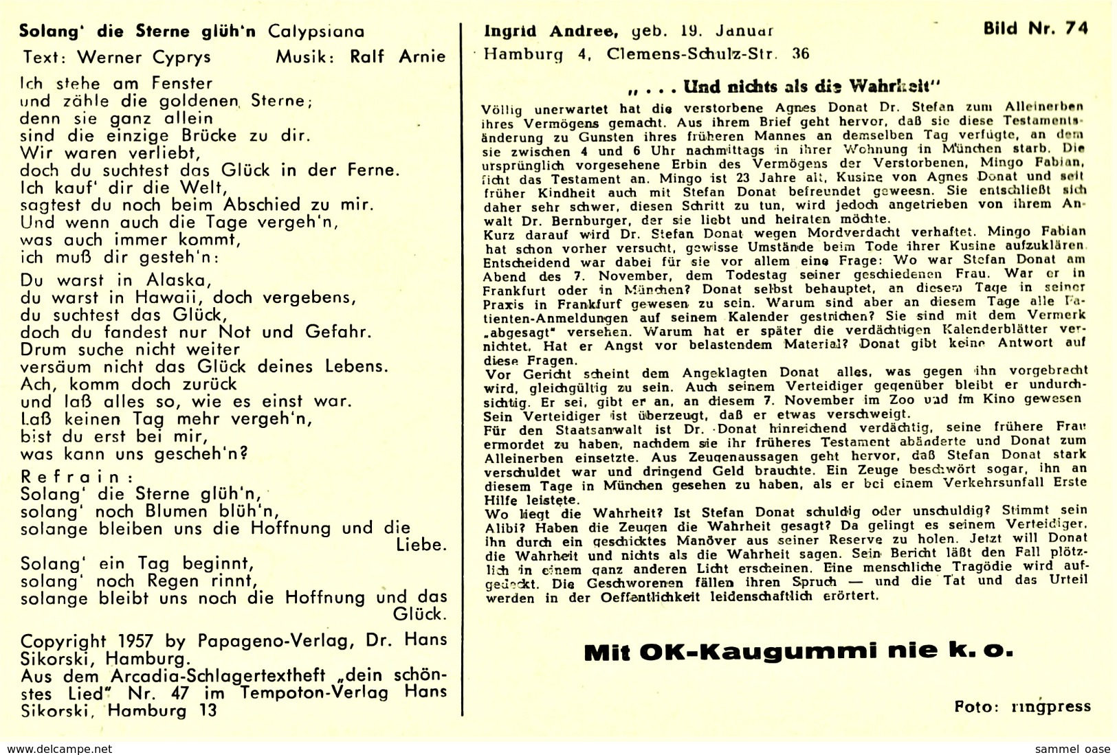 Ca. 1958  -  Sammelbild OK-Kaugummi  -  Ingrid Andree  -  Bild Nr. 74 - Sonstige & Ohne Zuordnung