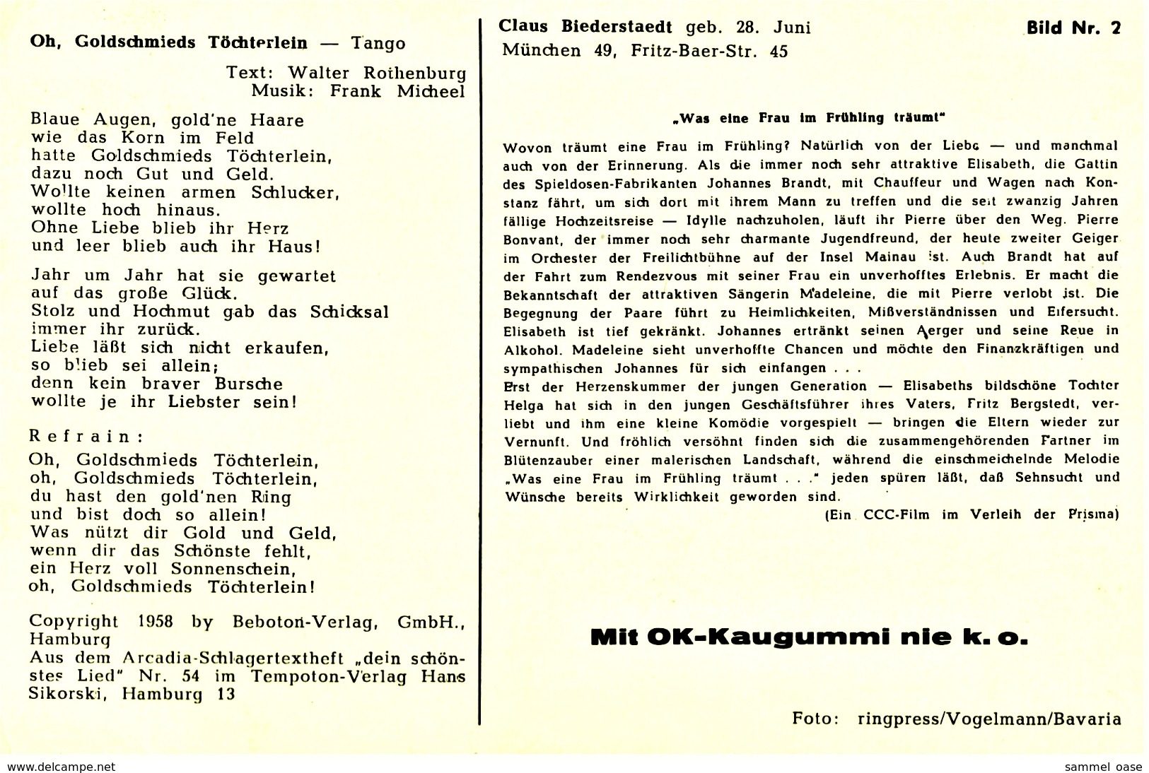 Ca. 1958  -  Sammelbild OK-Kaugummi  -  Claus Biederstaedt  -  Bild Nr. 2 - Sonstige & Ohne Zuordnung