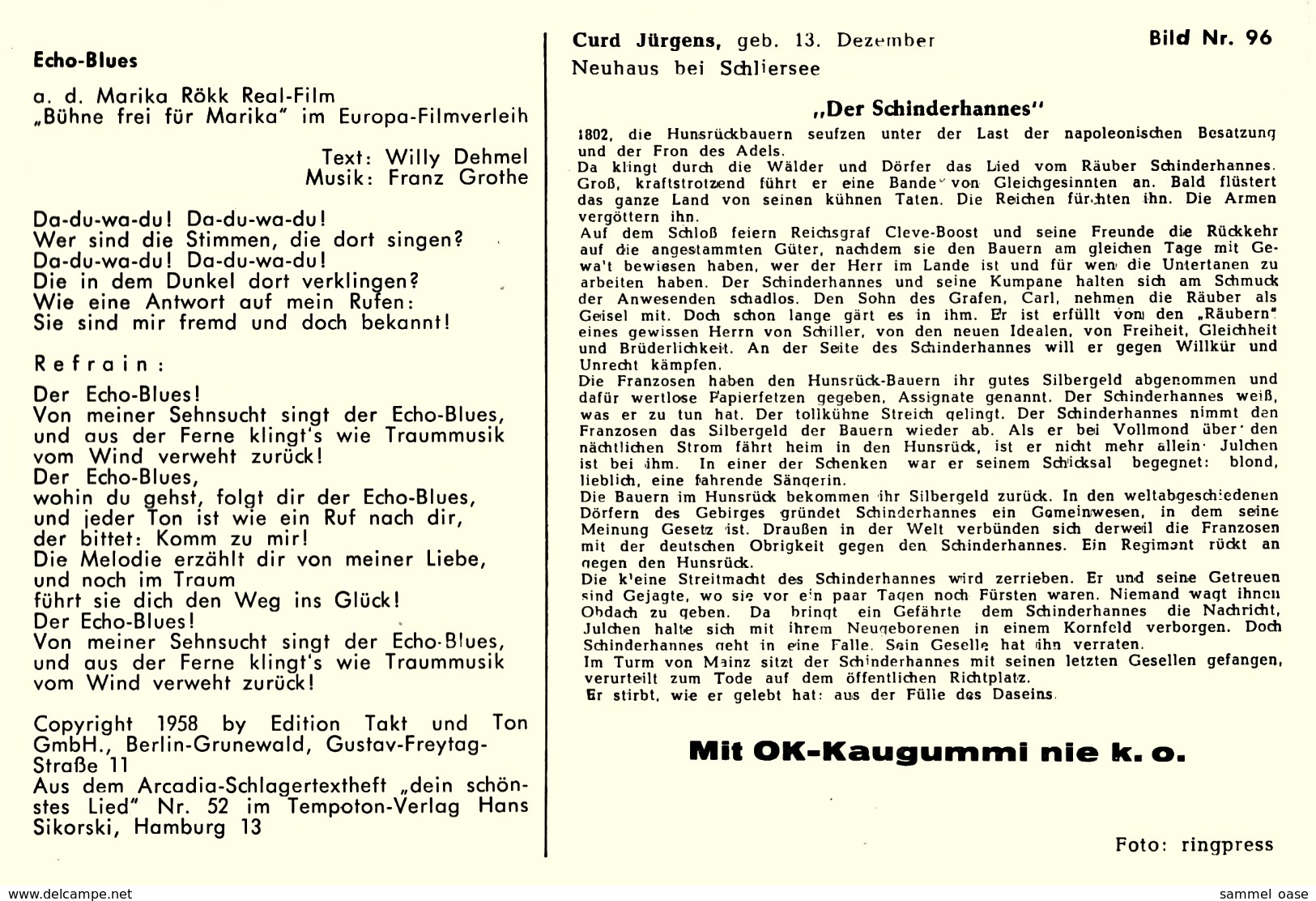 Ca. 1958  -  Sammelbild OK-Kaugummi  -  Curd Jürgens  -  Bild Nr. 96 - Sonstige & Ohne Zuordnung