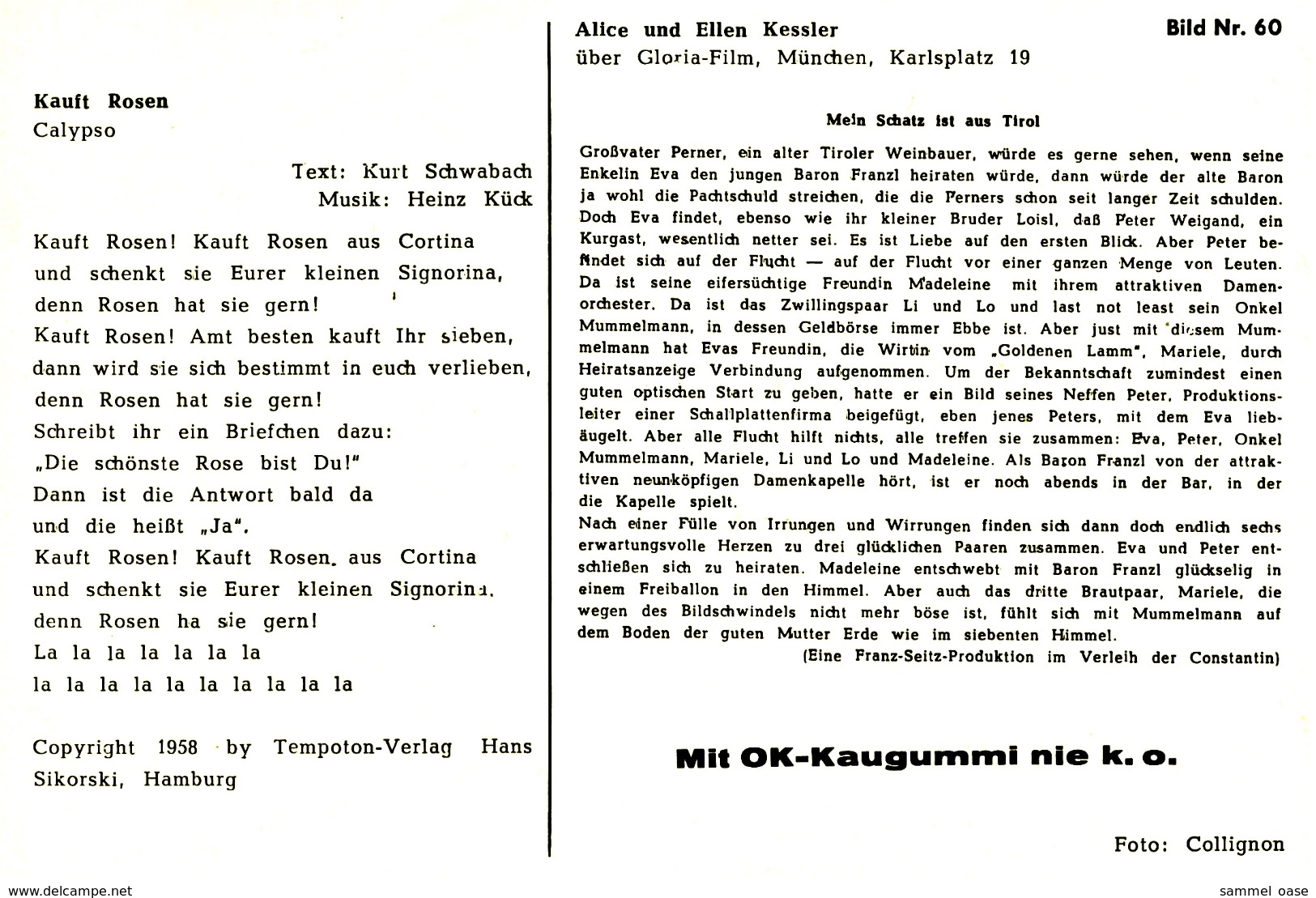 Ca. 1958  -  Sammelbild OK-Kaugummi  -  Alice Und Elles Kessler  -  Bild Nr. 60 - Sonstige & Ohne Zuordnung