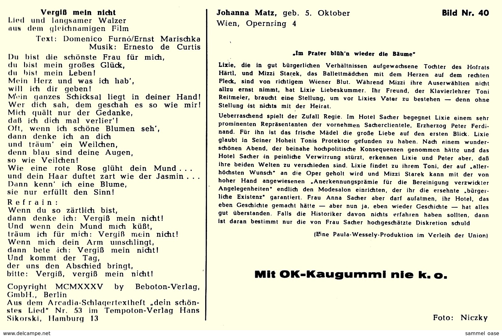 Ca. 1958  -  Sammelbild OK-Kaugummi  -  Johanna Matz  -  Bild Nr. 40 - Sonstige & Ohne Zuordnung