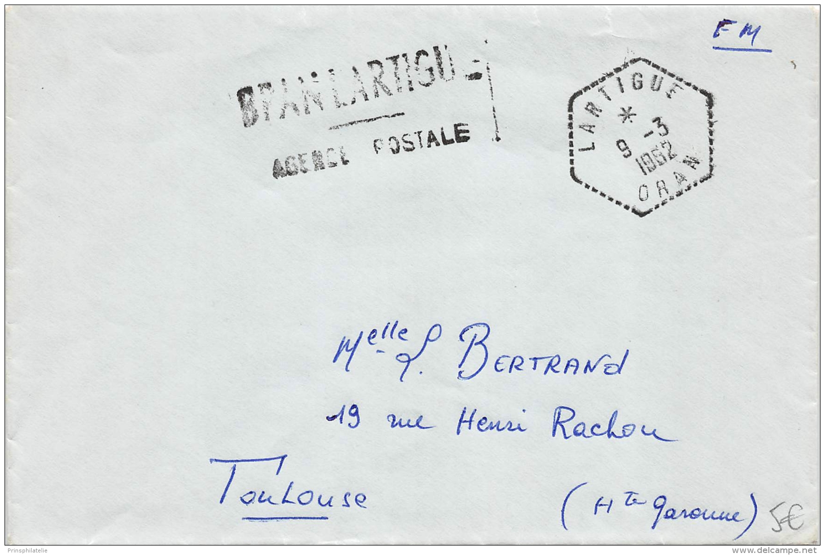 CACHET HEXAGONAL POINTILLE DE LARTIGUE + GRIFFE AGENCE POSTALE   ALGERIE SUR LETTRE POUR LA FRANCE  COVER - Covers & Documents