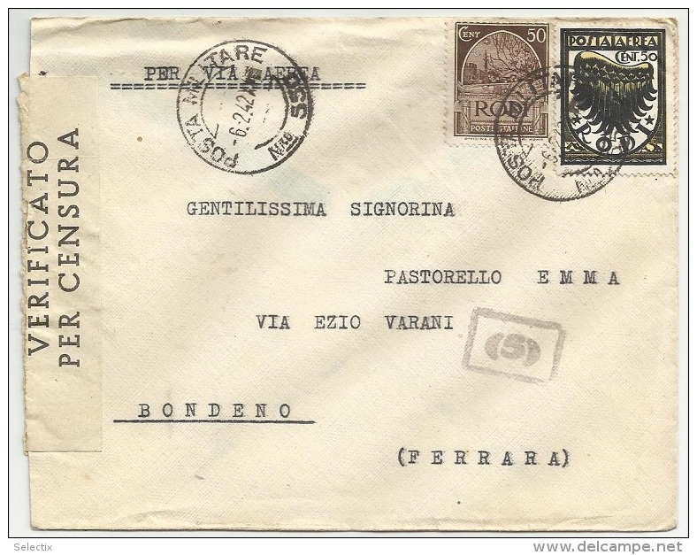 Greece 1942 Italian Occupation Of Rhodes - Rodi (Egeo) Censored Military Post - Dodekanisos