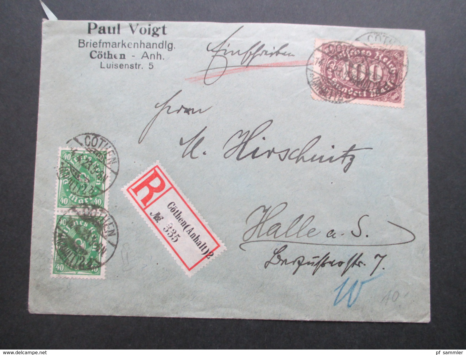 DR Queroffset MiF 1923 Einschreiben Cöthen (Anhalt) 2 No 335. Paul Voigt Briefmarkenhandlung - Lettres & Documents