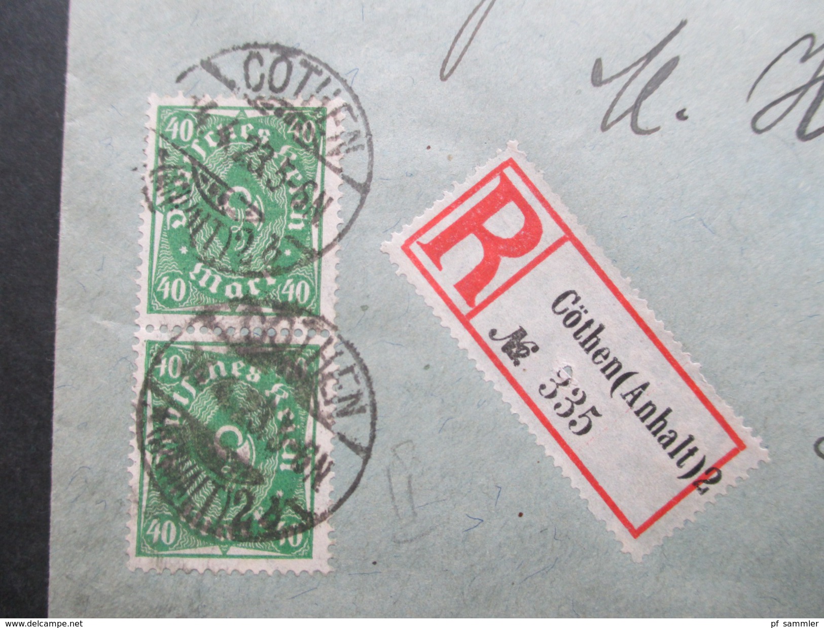 DR Queroffset MiF 1923 Einschreiben Cöthen (Anhalt) 2 No 335. Paul Voigt Briefmarkenhandlung - Lettres & Documents