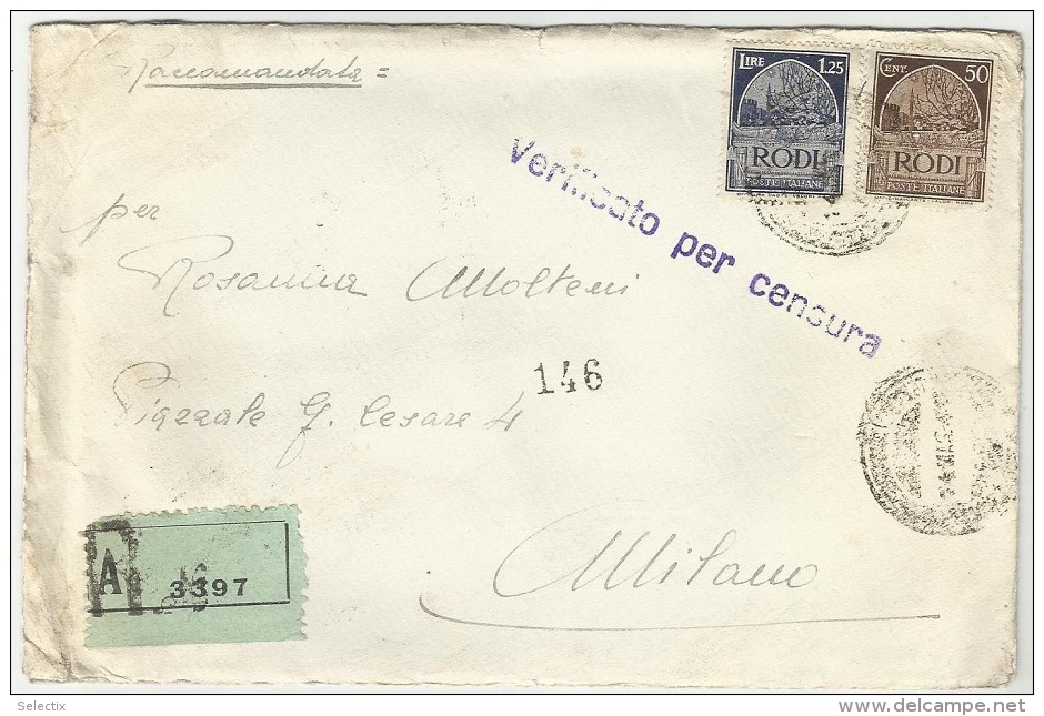 Greece 1941 Italian Occupation Of Rhodes - Rodi (Egeo) Registered & Censored Cover - Dodecaneso