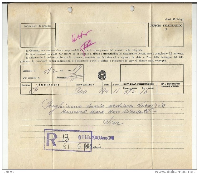 Greece 1940 Italian Occupation Of Rhodes - Rodi (Egeo) Telegram - Dodecanese