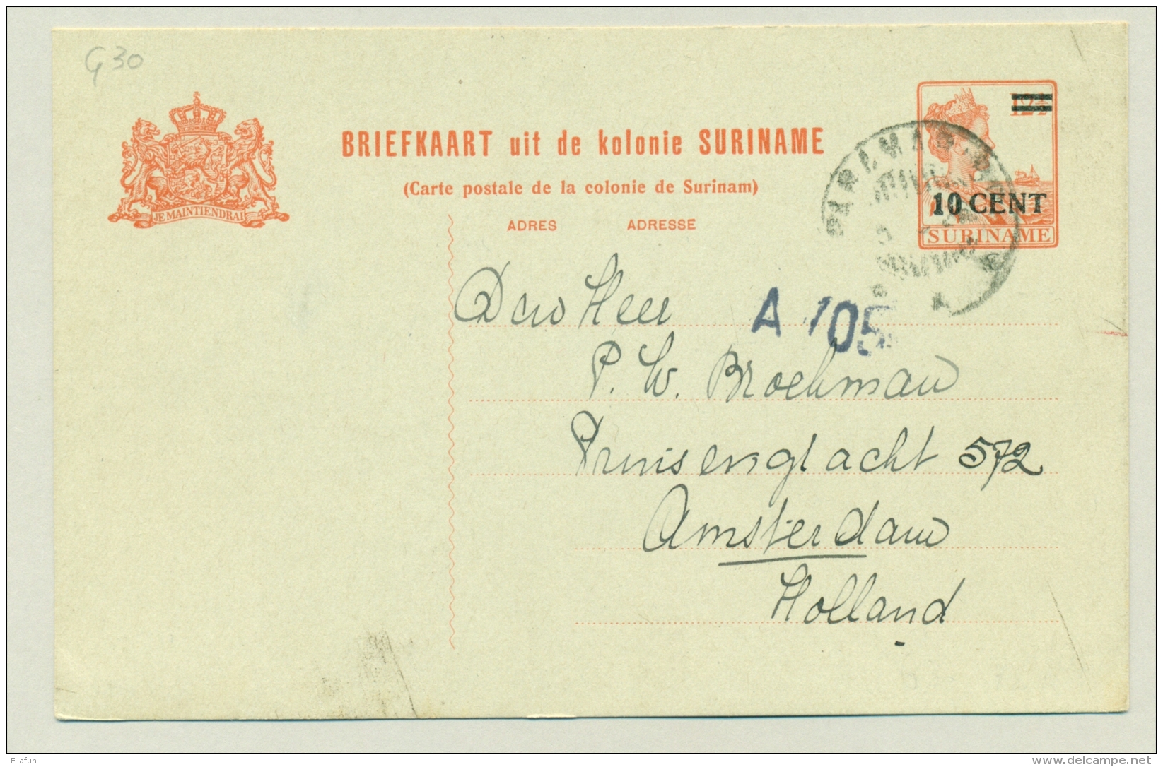 Suriname - 1926 - 10 Cent Opdruk Op 12,5 Cent Briefkaart, G30 Van Paramaribo Naar Amsterdam - Suriname ... - 1975