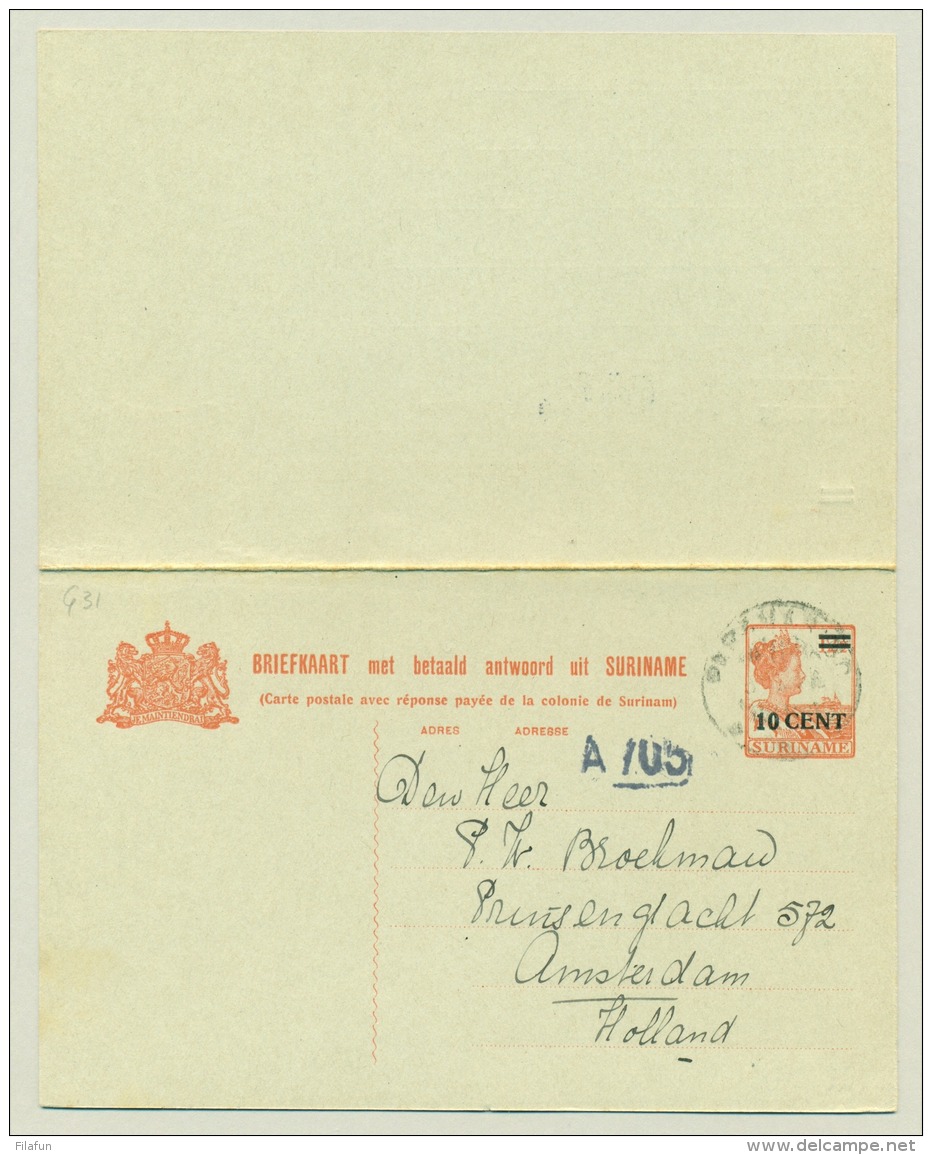 Suriname - 1926 - 10 + 10 Cent Opdruk Op 12,5 + 12,5 Cent Briefkaart, G31 Van Paramaribo Naar Amsterdam - Surinam ... - 1975
