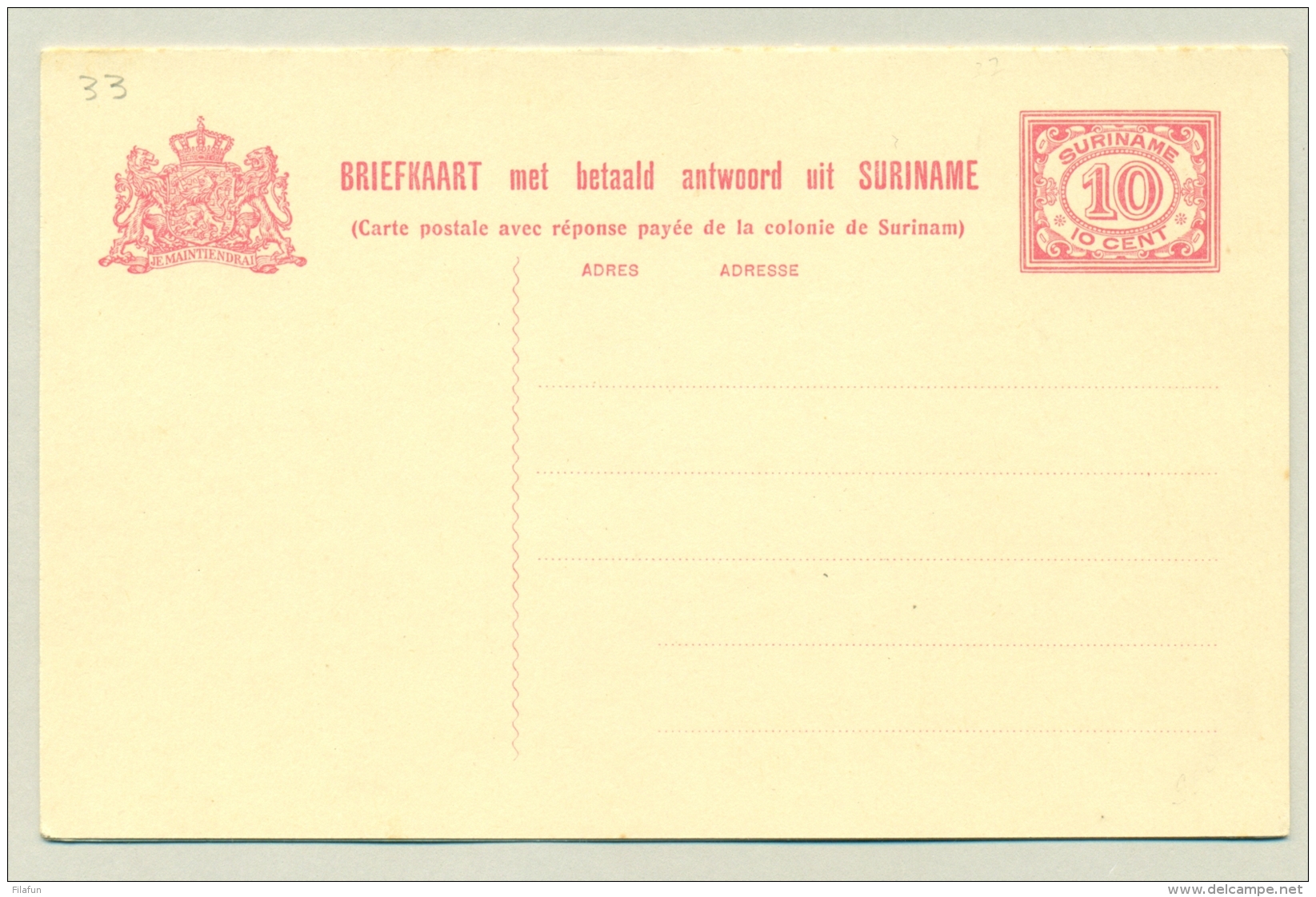 Suriname - 1926 - 10 + 10 Cent Briefkaart, G33 Ongebruikt - Suriname ... - 1975