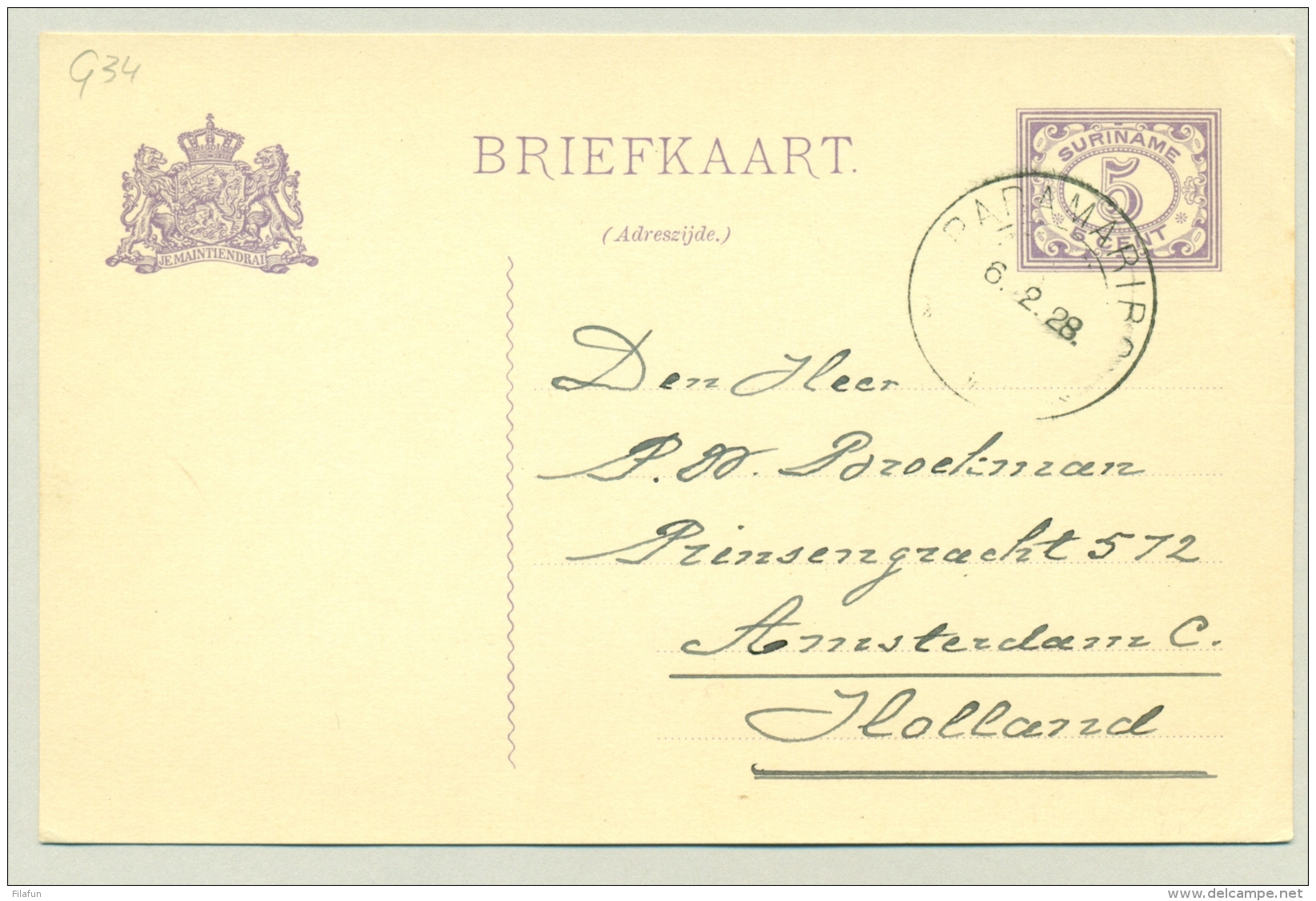 Suriname - 1928 - 5 Cent Briefkaart, G34 Van Paramaribo Naar Amsterdam - Suriname ... - 1975