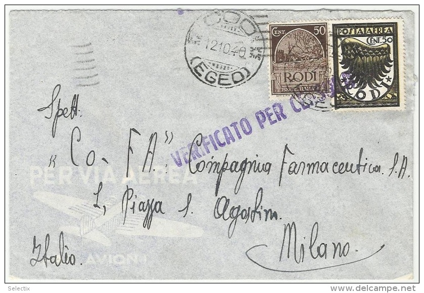 Greece 1940 Italian Occupation Of Kos - Coo (Egeo) Censored - Dodécanèse