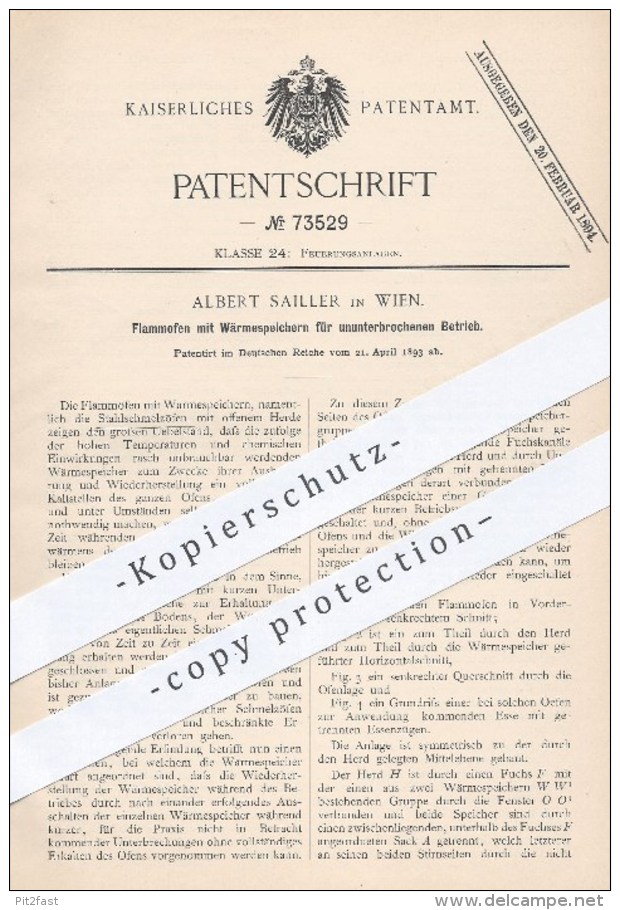 Original Patent - A. Sailler , Wien , 1893 , Flammofen Mit Wärmespeicher | Ofen , Öfen , Ofenbauer , Heizung , Feuerung - Historische Dokumente