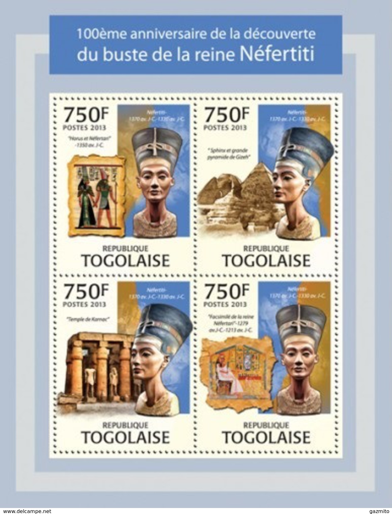 Togo 2013, 100th Discovery Nefertiti Bust, 4val In BF - Egiptología