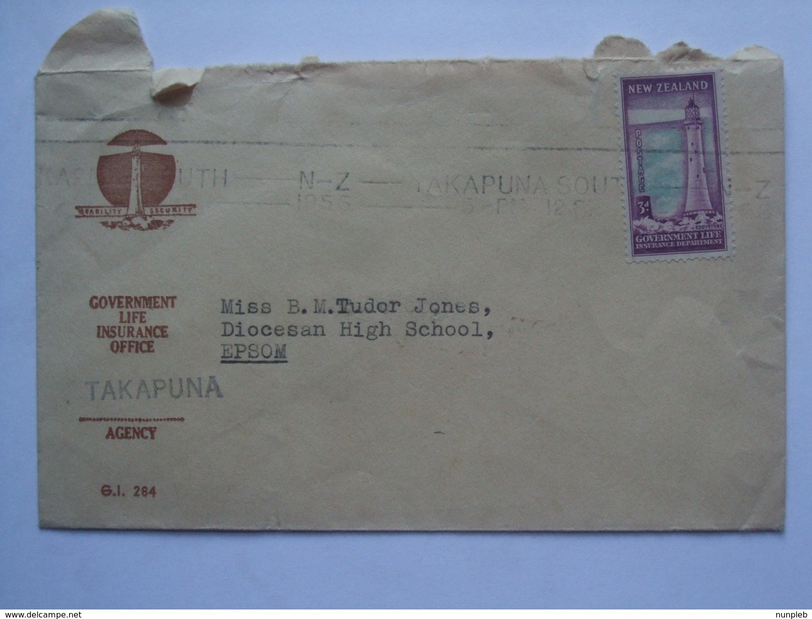 NEW ZEALAND 1940`s GOVERNMENT LIFE INSURANCE OFFICE COVER FROM TAKAPUNA AGENCY INTERNAL TO EPSOM - Covers & Documents