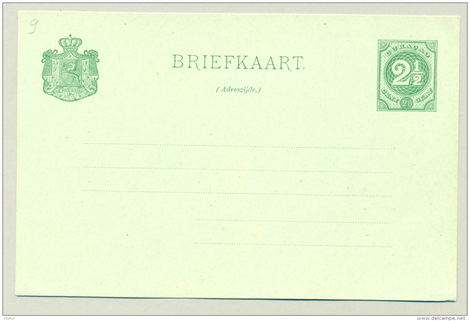 Curacao - 1892 - 2,5 Cent Briefkaart Cijfer, G9 Ongebruikt - Curaçao, Antilles Neérlandaises, Aruba