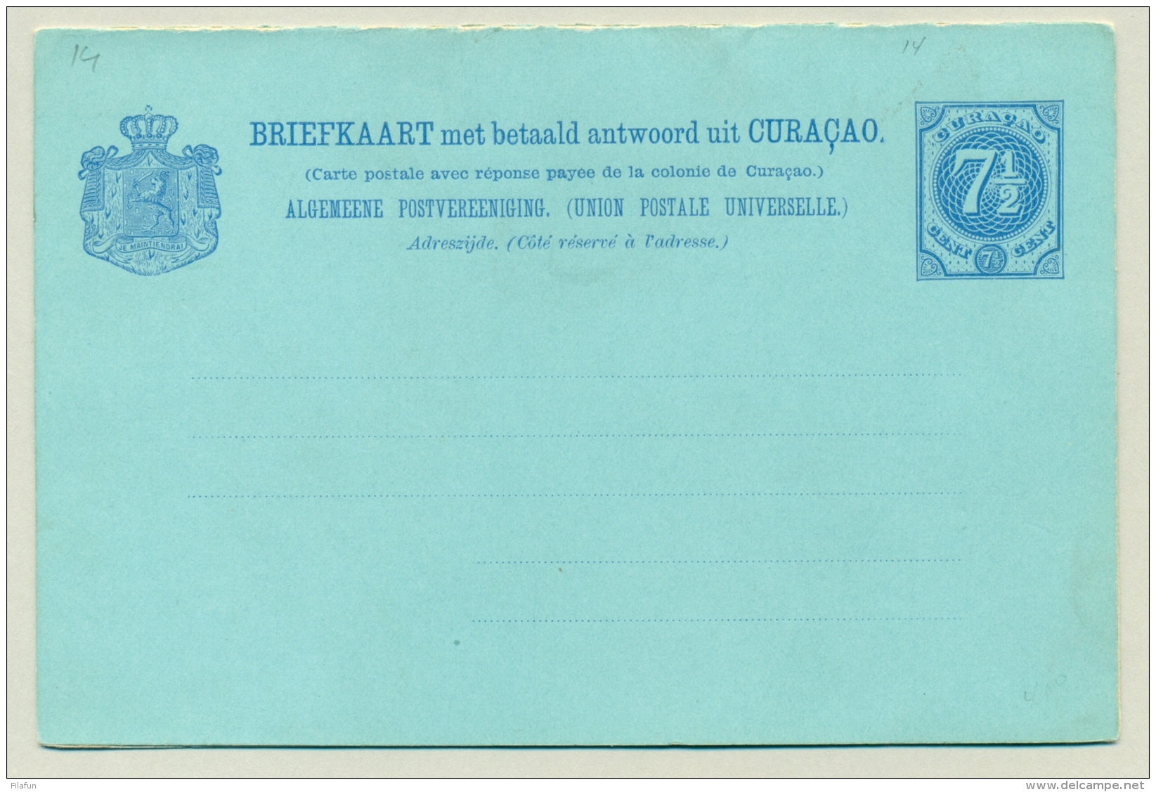 Curacao - 1893 - 7,5+7,5 Cent Briefkaart Cijfer, G14 Ongebruikt - Curaçao, Nederlandse Antillen, Aruba