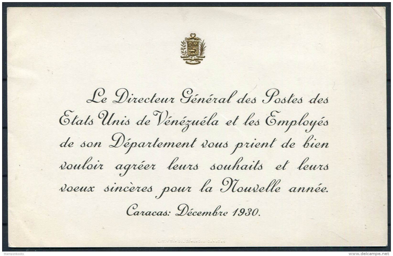 1930 Venezuela Post Office Official Postmaster General Christmas / New Year Card - Venezuela