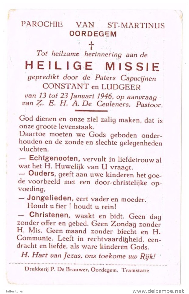 Oordegem: 1946; Heilige Missie Gepredikt Door De Paters Capucijnen Constant En Ludgeer ( 2 Scans ) - Autres & Non Classés