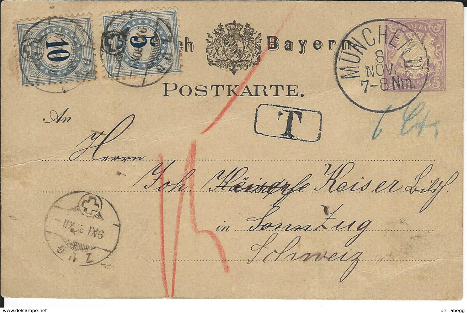 P 4IIN, 5IIN Postkarte Bayern Munchen Nach Zug, Ank.-Stempel 9.11.1880 - Portomarken