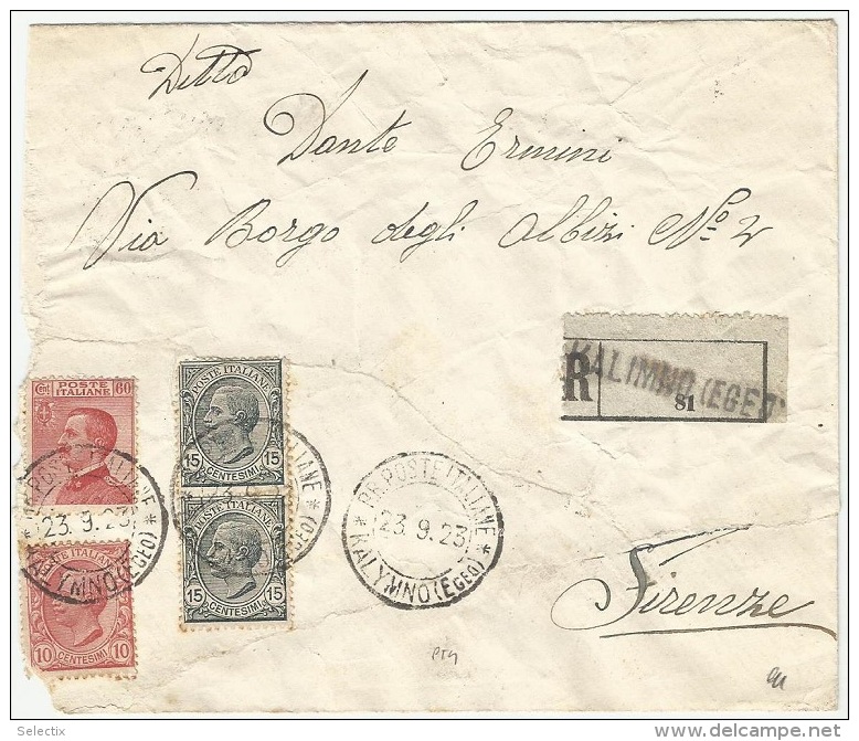 Greece 1923 Italian Occupation Of Kalimnos -  Kalimno - Calino (Egeo) - Registered Cover - Dodecanese