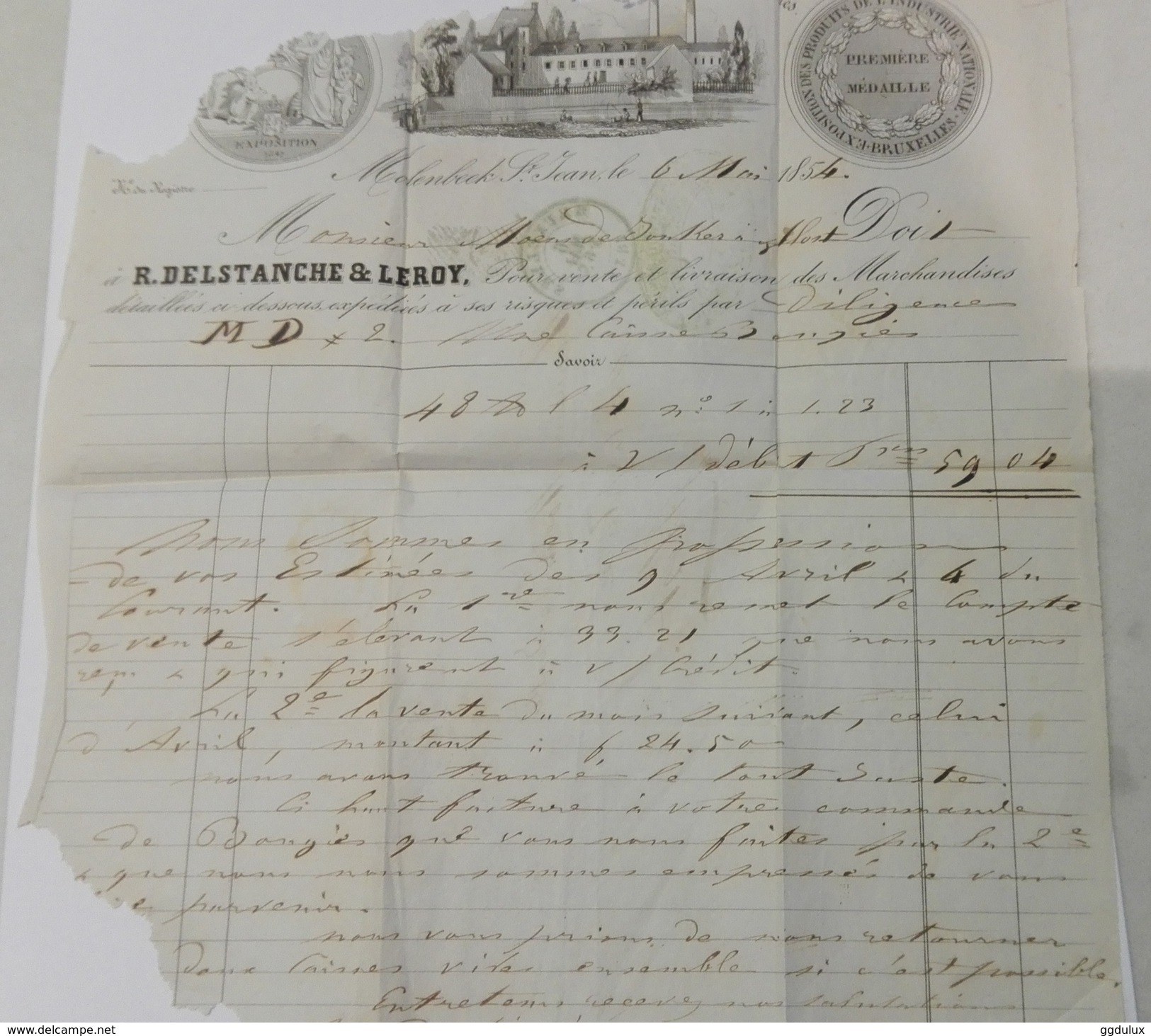 Correspondance Daté 1854 + Timbre 10 Cents Leopold 1er + Tampon Bruxelles - Autres & Non Classés