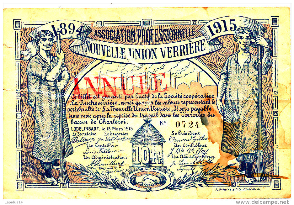 BILLET NECESSITE  10 FRANCS  BELGIQUE ASSOCIATION PROFESSIONNELLE  NOUVELLE UNION VERRIERE 1894 - 1915 - Autres & Non Classés