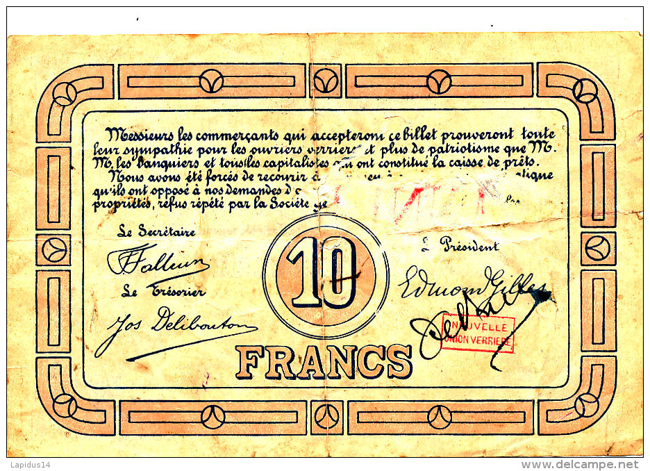 BILLET NECESSITE  10 FRANCS  BELGIQUE ASSOCIATION PROFESSIONNELLE  NOUVELLE UNION VERRIERE 1894 - 1915 - Autres & Non Classés