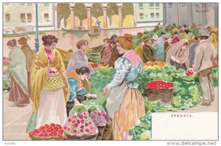 Erbaria Street Vendor Market Fresh Produce, Venice Italy Artist Signed Image, C1900s Vintage Postcard - Street Merchants