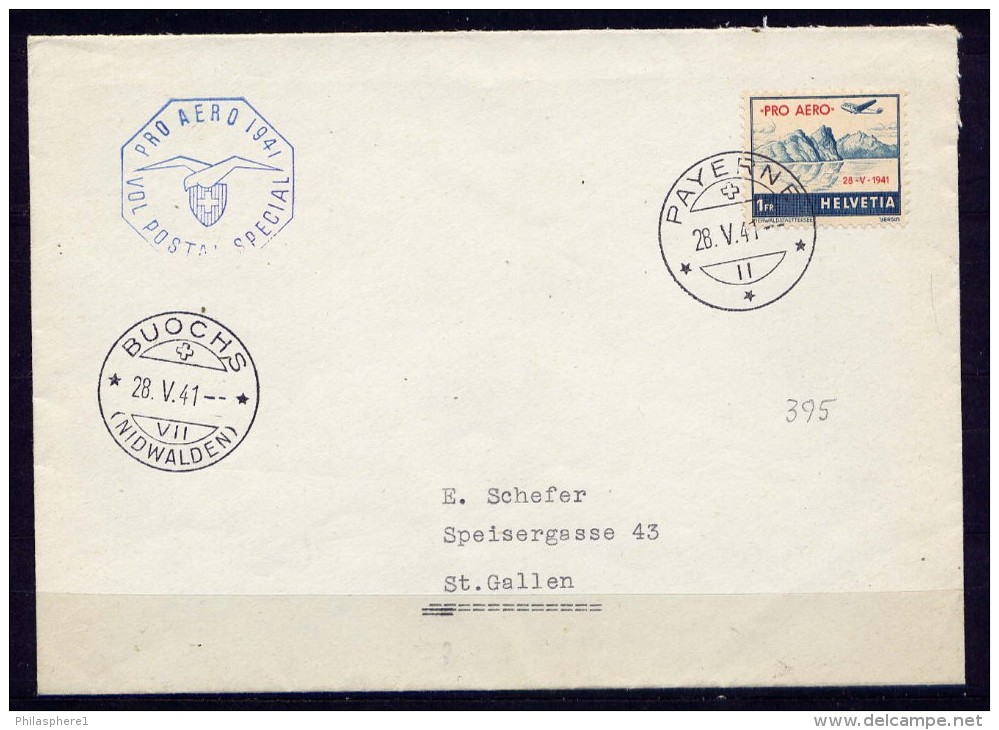 Schweiz Nr.395 Sonderflug Buochs - Payerne 28.05.1941     O  Used       (903) - Premiers Vols