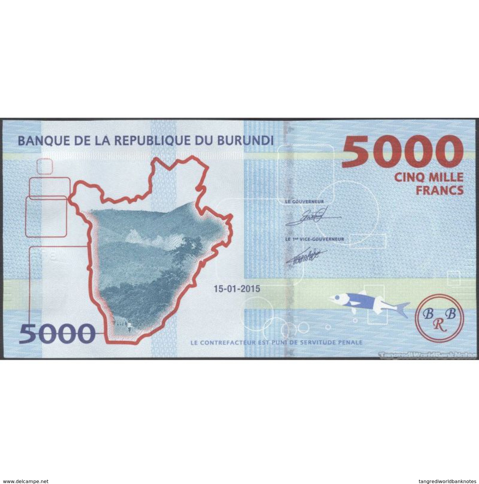 TWN - BURUNDI 53 - 5000 5.000 Francs 15.1.2015 Prefix DB UNC - FREE SHIPPING On Orders Over EUR 150 - Burundi