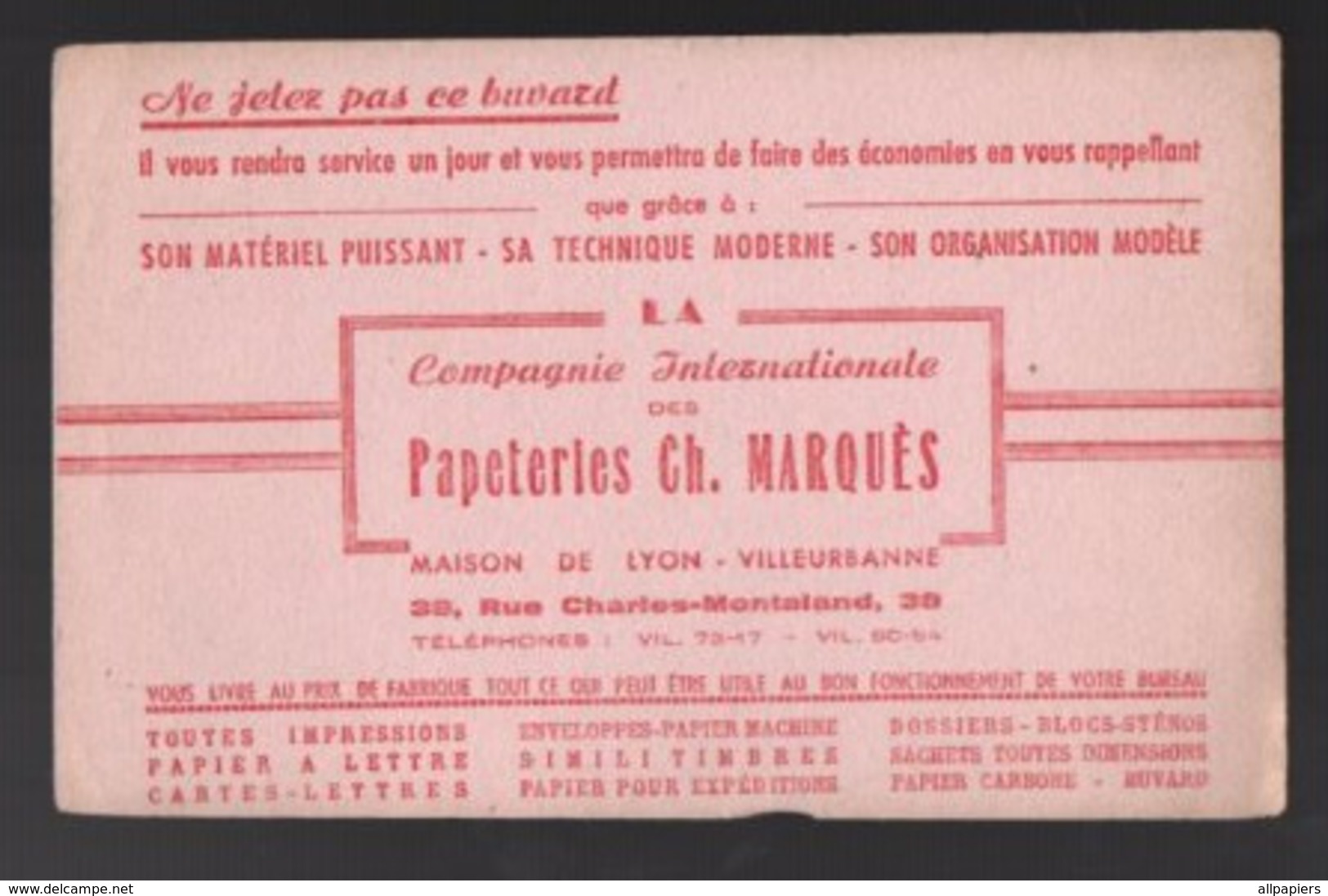Buvard Compagnie Internationale Des Papeteries Ch. Marquès Maison De Lyon-Villeurbanne - Papeterie
