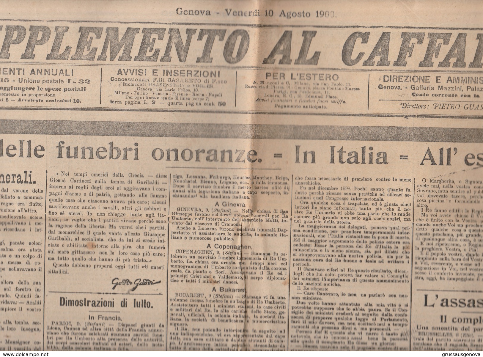 DOC2) QUOTIDIANO GIORNALE GENOVA SUPPLEMENTO AL CAFFARO 10 AGOSTO 1900  FUNERALI UMBERTO I E ALTRE NOTIZIE - Avant 1900