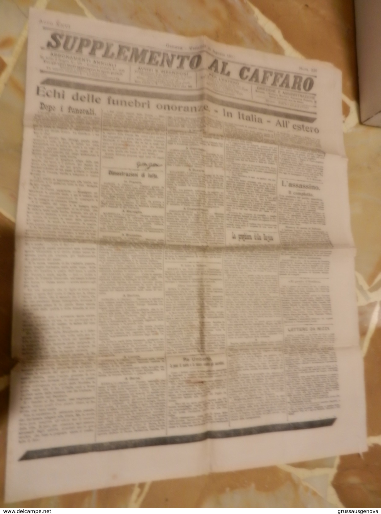 DOC2) QUOTIDIANO GIORNALE GENOVA SUPPLEMENTO AL CAFFARO 10 AGOSTO 1900  FUNERALI UMBERTO I E ALTRE NOTIZIE - Avant 1900