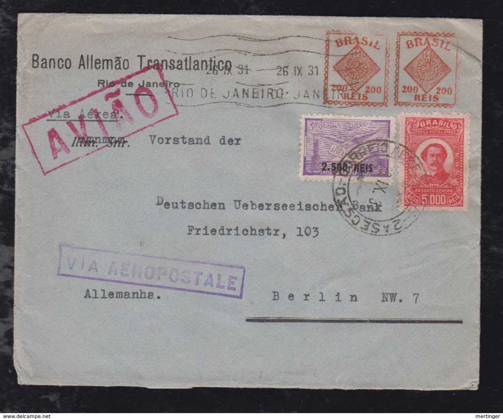 Brazil Brasil 1931 Airmail Aeropostale Cover Meter Uprated RIO To BERLIN Germany - Covers & Documents