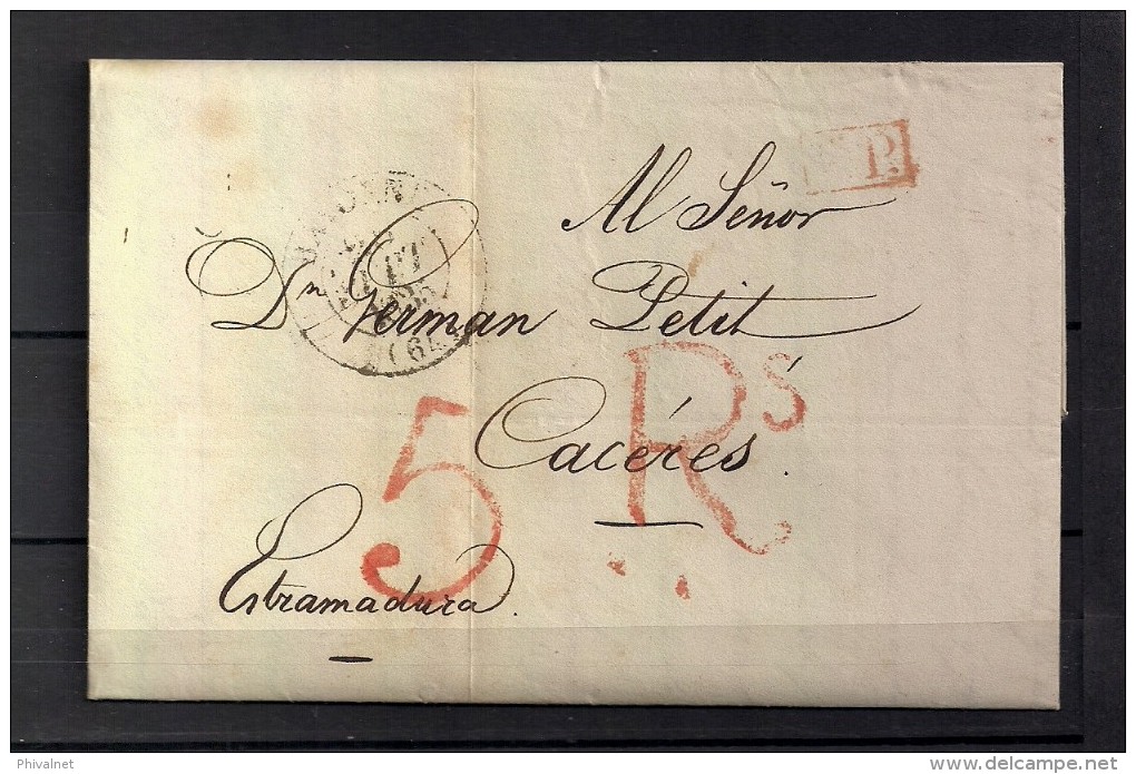 1835 , FRANCIA  , CARTA CIRCULADA DE BAYONA A  CÁCERES , PORTEOS , MARCA P.P. - 1801-1848: Precursores XIX