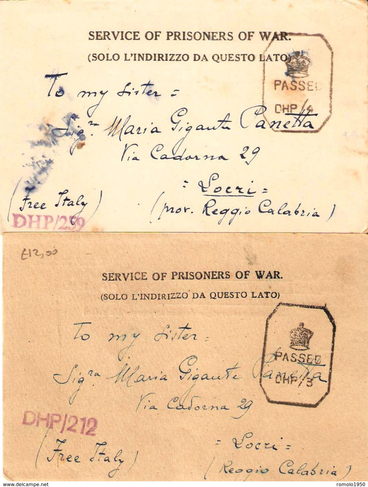 2 Cartoline Per Prigionieri Di Guerra Da Bombey 24-11-44 E28-1-45 Censura Inglese "passedCHP- Dirette A Locri - Prigione E Prigionieri