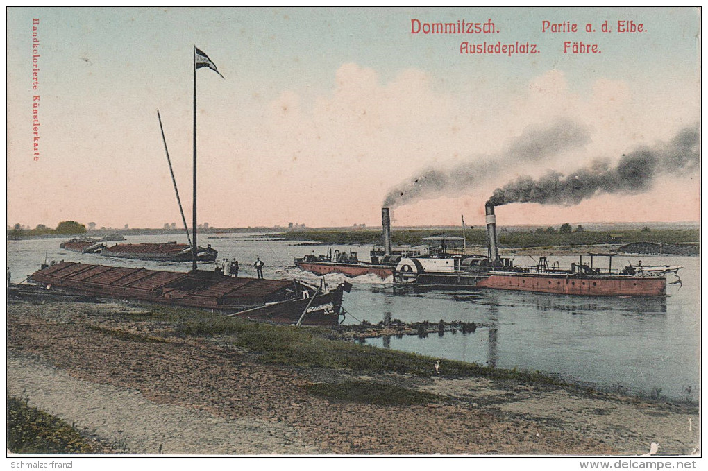 AK Dommitzsch Elbe Ausladeplatz Hafen Dampfer Fähre Lastkahn A Torgau Bad Düben Schmiedeberg Prettin Eilenburg Mockrehna - Bad Dueben