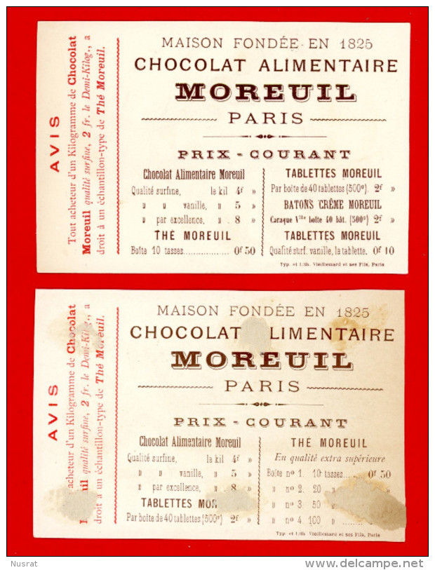 Chocolat Moreuil, Lot De 2 Chromos Lith. Vieillemard, Quartiers De Paris, Faubourg St Antoine & Les Halles - Other & Unclassified