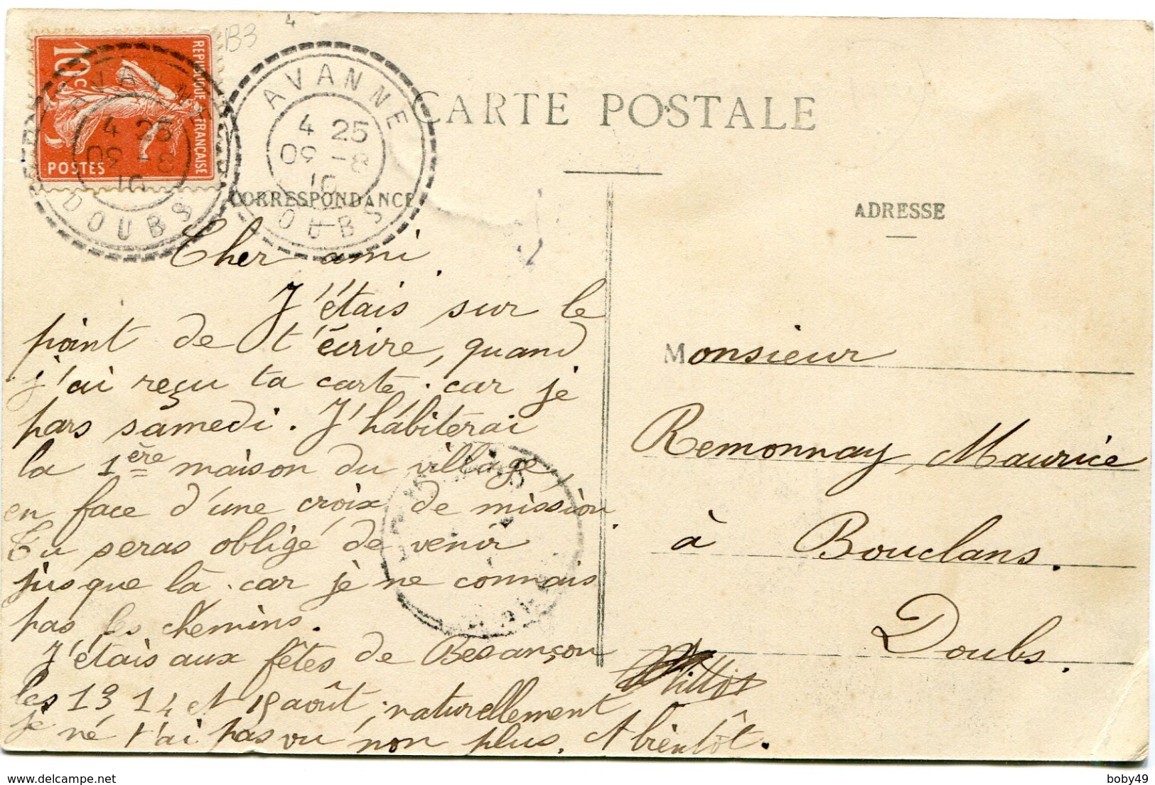 DOUBS De AVANNE Cachet Facteur Boîtier B3 Du 09/08/1910 Sur CP De AVANNE - 1877-1920: Période Semi Moderne