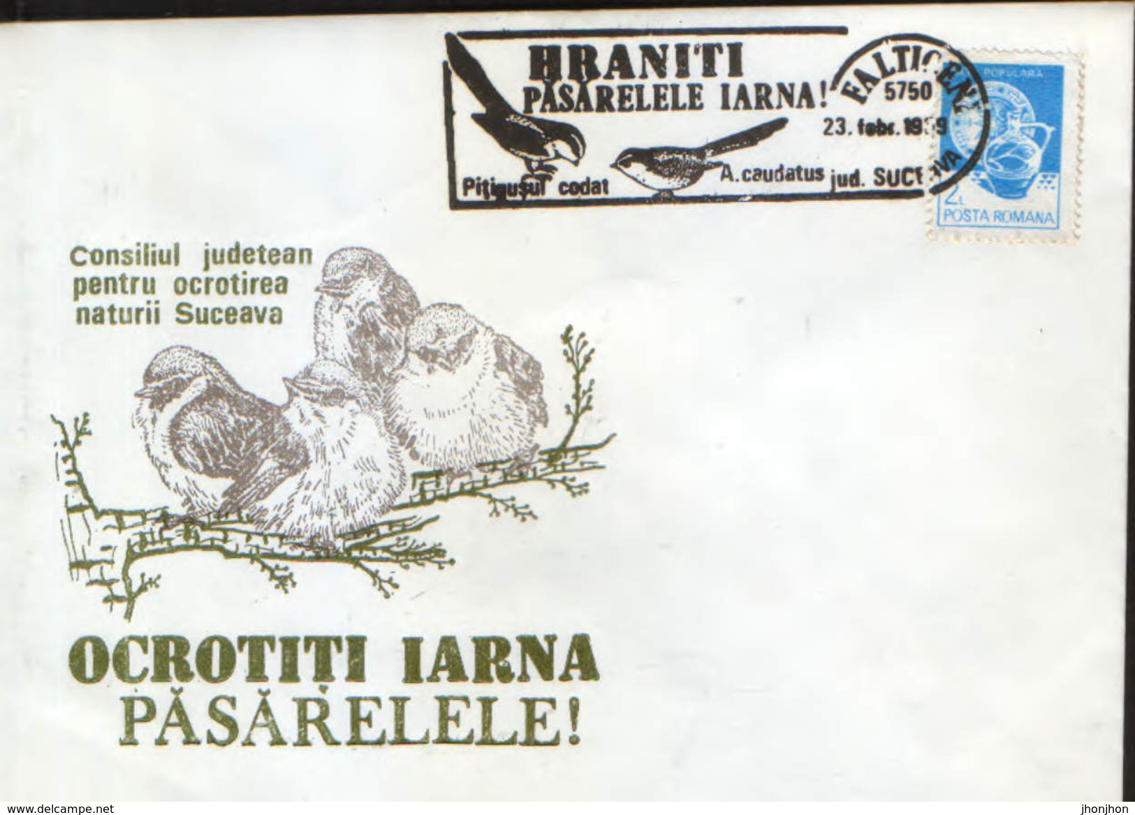 Romania- Occasional Envelope 1989 Falticeni - Birds - Feed Birds In Winter - Tailed Titmouse (aegythalus Caudatus) - Oblitérations & Flammes